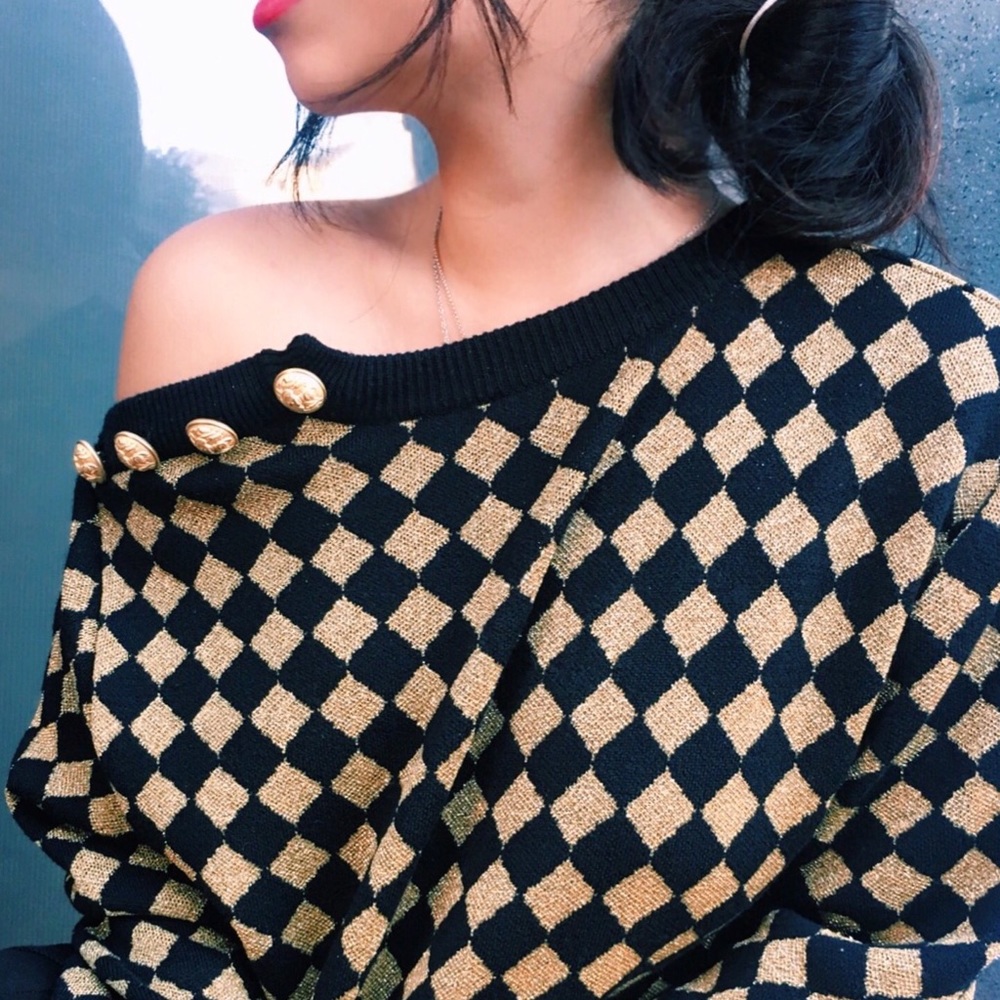 Balmain Gold & Black Checkered Oversized Sweater